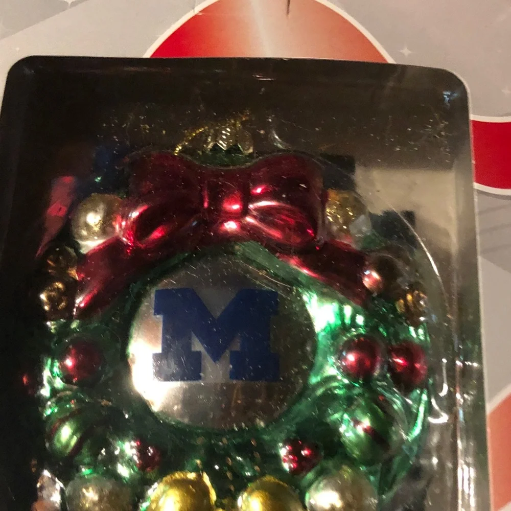 Blue 'M' Holiday Wreath Ornament - Red & Green